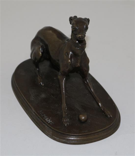 After P.J.Mene. A bronze model of the whippet Juno, 6in.